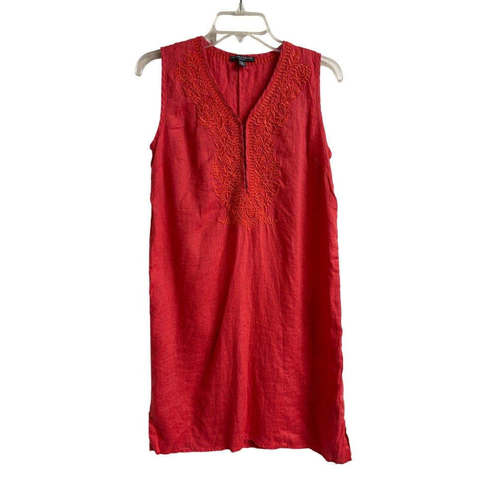 Chelsea & Theodore Coral Embroidered Linen Sleeveless Shift Dress Small Boho